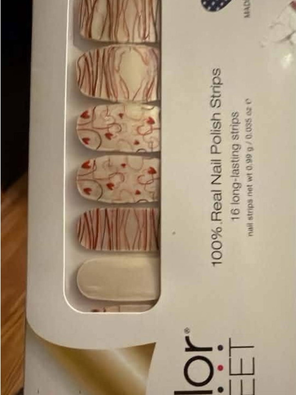 Color Street Cream Nail Strips with Red Heart & Marbled Lines